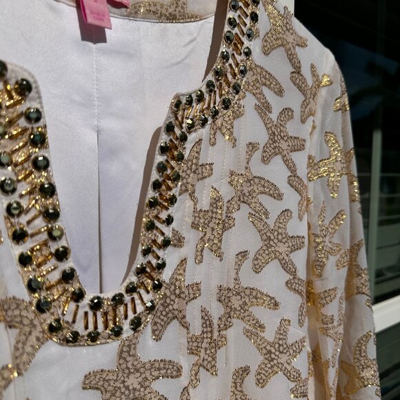 Lilly Pulitzer Colby Silk Tunic Dress White Gold Starfish - Picture 5 of 6